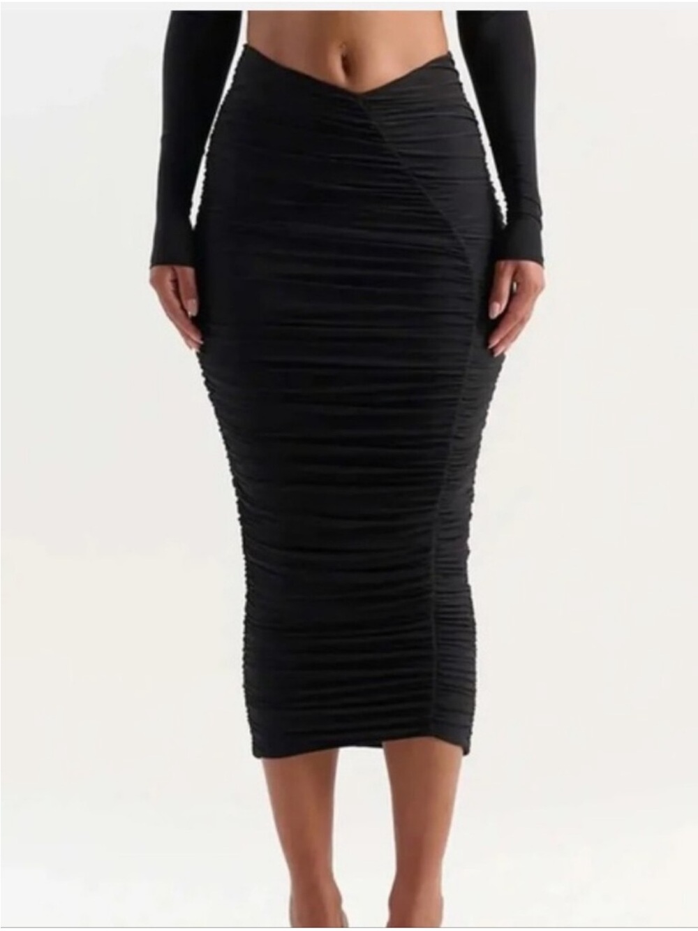 🖤  Naked Wardrobe Black Ruched Midi Skirt - Sleek Women's Pencil Skirt